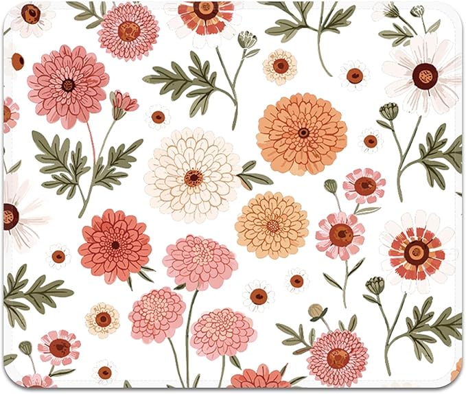 Mouse Pad with Stitched Edges - Cute Floral Mousepad for Women, 9.25 x 7.75 inch Washable Square Desk Pad, Non-Slip Rubber Base, Office Home Laptop Accessories - Coral Daisy