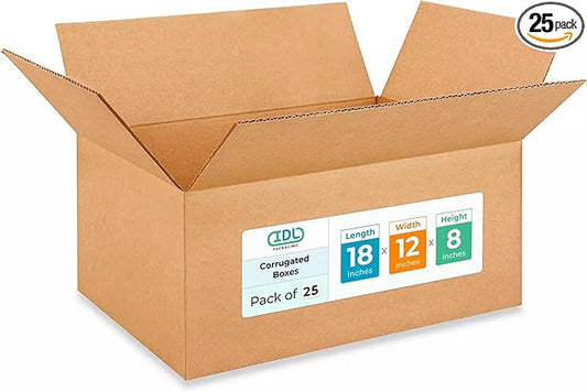 Medium Moving & Shipping Boxes 18"L x 12"W x 8"H (25-Pack) - Extra Strength 200 lb vs Regular - USA-Made Corrugated Packaging Boxes - Strong Moving Supplies Box - Square Box by IDL Packaging