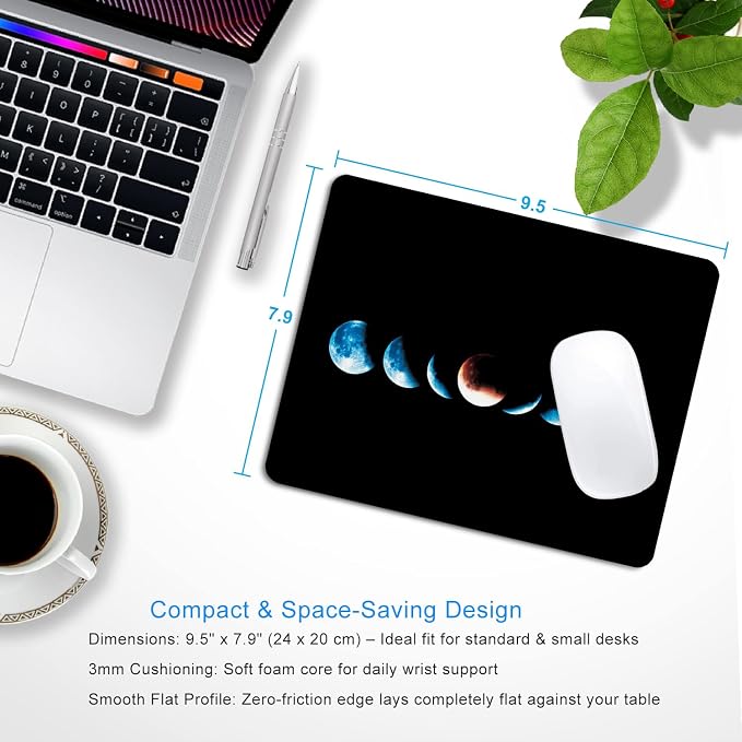 Moon Phase Mouse Pad, 9.5"x7.9" Non-Slip 3mm Small Mousepad | Personalized printed square mousepad with moon phases. Clean-cut flush edges & premium smooth cloth for gaming or office.