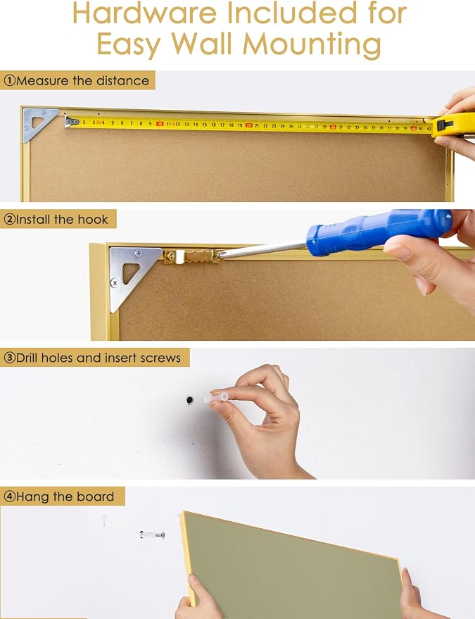 Fabric Bulletin Board 30x20 inches, Golden Aluminum Framed Wall Pin Board | Cork Board Alternative for Wall with Push Pins for Office and Home, Linen Display Mood Board for Photos, Notes & Reminders