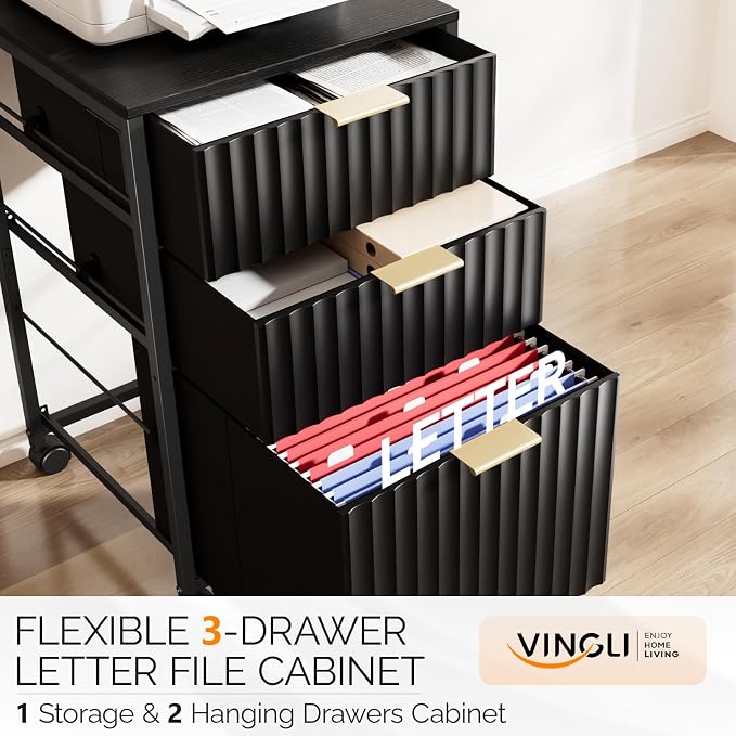 VINGLI 3 Drawer Fluted File Cabinet, Rolling File Cabinet Mobile Under Desk File Cabinet with Wheels, Fabric Drawers Printer Stand for Home Office, Fits Letter Size, Black
