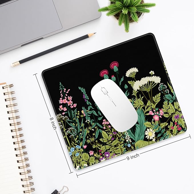 Mouse Pad, Minimalism Marble Style Computer Pad, Anti-Slip Rubber Mouse Mat with Stitched Edges for Gaming, Office, Laptop, PC, Women, 9" x 8" Thick 3 mm, Black Dandelion