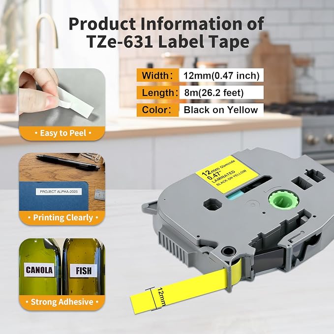 3-Pack Compatible with Brother TZe-631 TZ Tape 12mm 0.47 Laminated Yellow | Tze631 TZ-631 P Touch Tape for PTD210 PTD220 PTD200 PTD400 PTD450 PTD600 PT200 PT300 PT300B PT1290 PT2040 Label Maker