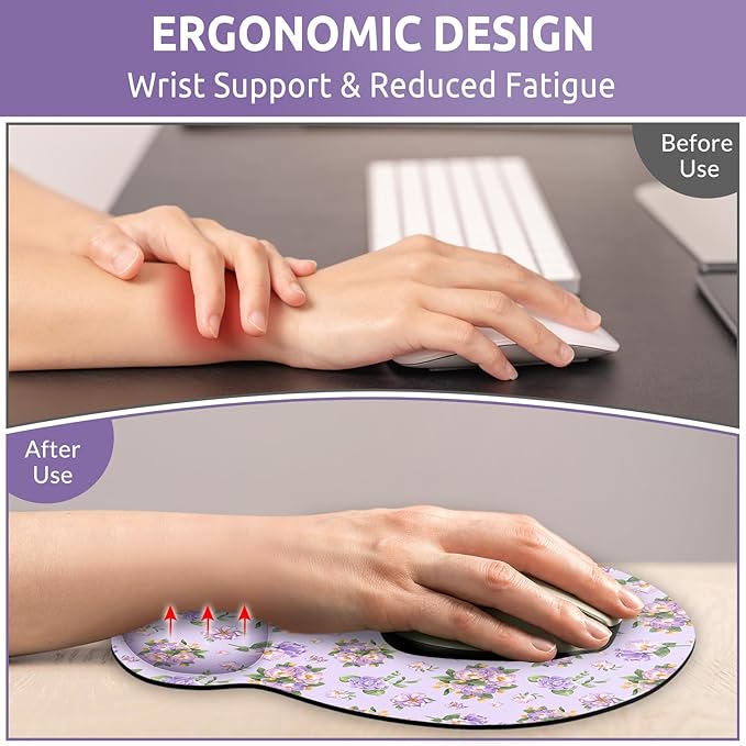 Ergonomic Mouse Pad with Wrist Rest, Small Mousepad with Non-Slip Rubber Base and Smooth Surface, Purple Mouse Pads for Desk, Office Desk Accessories