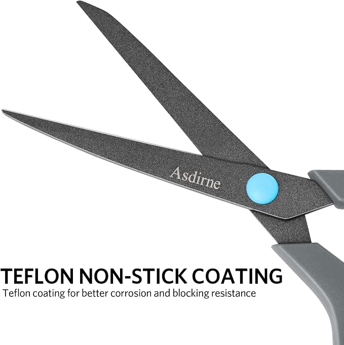 Asdirne Scissors, Teflon Coating All Purpose Scissors, Non-Stick Stainless Steel Blades, Ergonomic Semi-Soft Rubber Grip, Great for Craft, Office, School, Set of 4, 10"/8.5"/6"/5", Blue&Gray