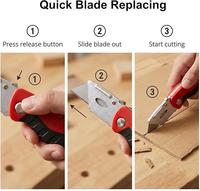 (2-Pack) Box Cutter with 10 Extra Blades, Heavy Duty Folding Utility Knife for Cardboard, Carton, Carpet Cutting, Anti-slip Rubber & ABS Handle, Quick Replace Blade