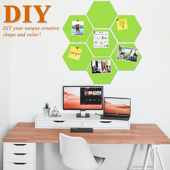 Large Hexagon Felt Cork Board Tiles, Self Adhesive DIY Felt Bulletin Board Pin Board with 35 Pushpins for Office School Home Wall Decor Stickers Memos Photos Display(Bright Green)