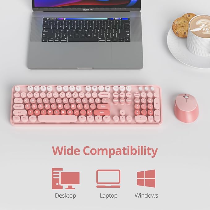 GTSP Colorful Pink Wireless Keyboard and Mouse Combo, Wireless Typewriter Full-Size Retro Cute Aesthetic Keyboard 2.4GHz with Round Keycaps for Desktop Laptop and PC (Cute Pink)