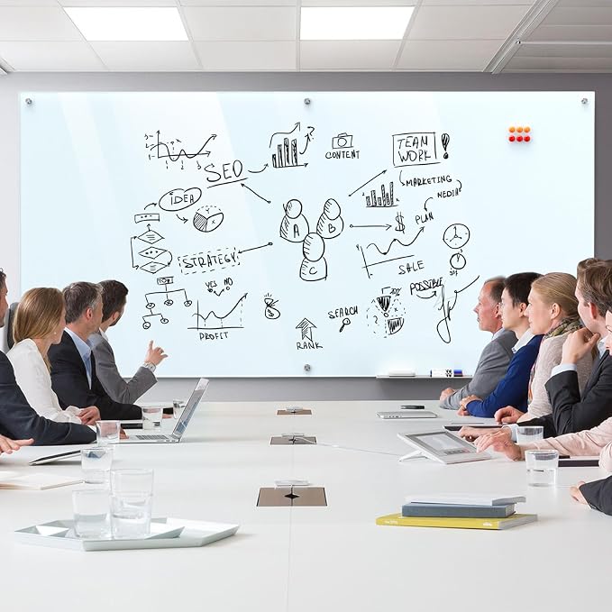 MaxGear 96" x 48" Glass Whiteboard Wall Mounted for Office Home Classroom | Magnetic Glass Dry Erase Board, Tempered Glass, Steel Backed, Non-Porous Surface, Frameless Design, Hardware Included