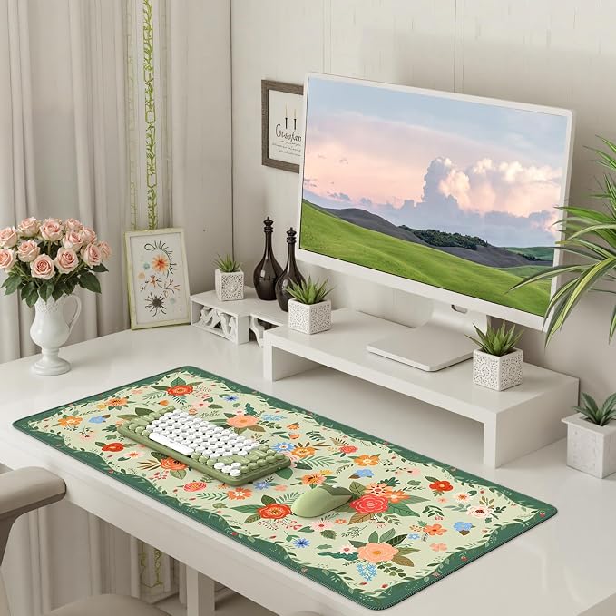iCasso Floral Desk Mat for Keyboard and Mouse,Green Floral | Cute Gaming Mouse Pad,Anti-Slip Soft Lycra Surface Computer Mat Women,Girly Big Mousepad for Home Office