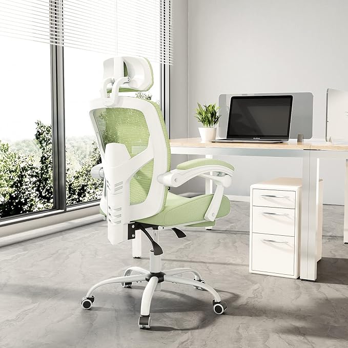 DUMOS Home Office Desk Chair with Footrest, High-Back Mesh Rolling Swivel Reclining Chairs with Wheels, Comfortable Headrest, Lumbar Support, Comfy Arms for Home, Office, Gaming, Elegant Green