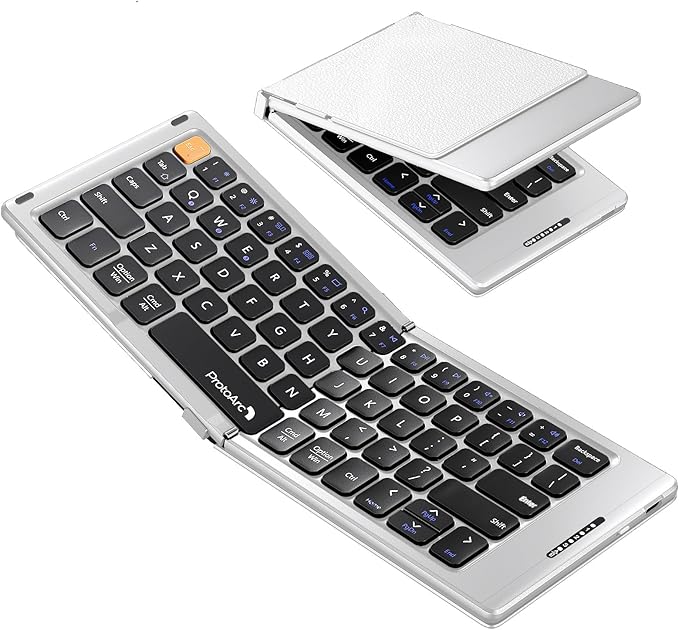 ProtoArc Foldable Compact Keyboard, XK04 Portable Bluetooth Keyboard with PU Leather Cover, Pocket-Sized Wireless Travel Keyboards for iPad, iPhone, Smartphone, Tablet and Laptop - White Silver