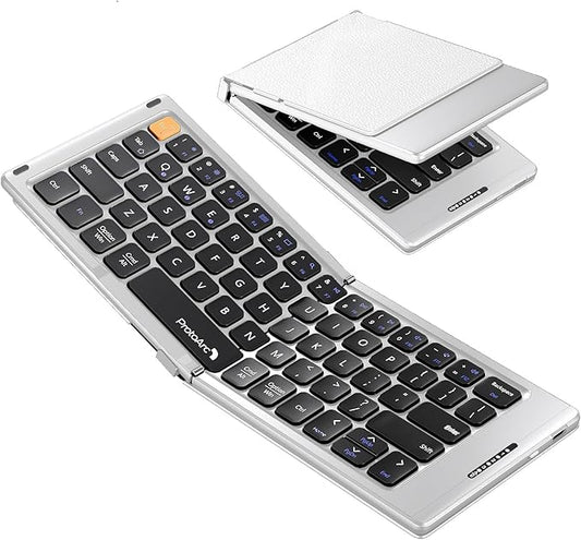 ProtoArc Foldable Compact Keyboard, XK04 Portable Bluetooth Keyboard with PU Leather Cover, Pocket-Sized Wireless Travel Keyboards for iPad, iPhone, Smartphone, Tablet and Laptop - White Silver