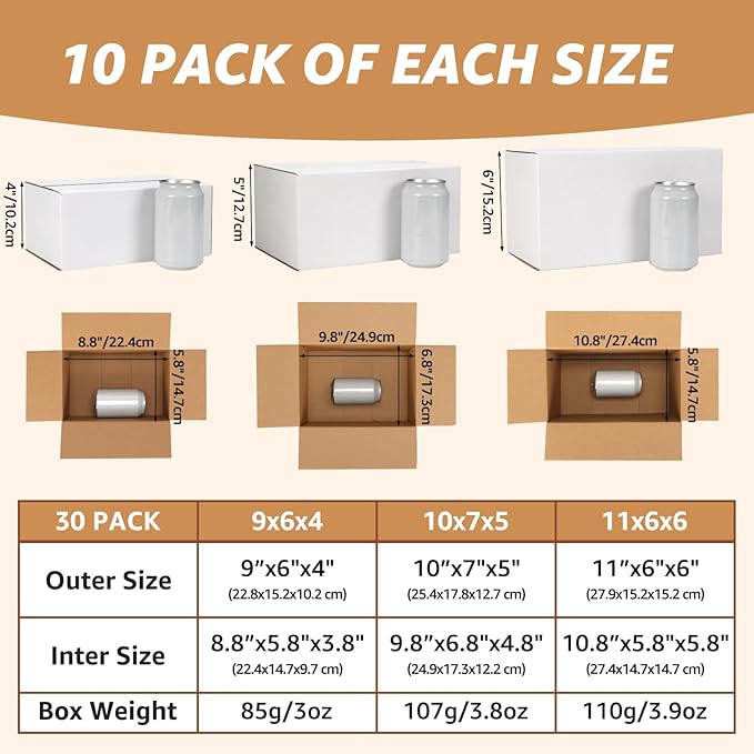 EXYGLO 30 Pack 9x6x4, 10x7x5, 11x6x6 Assorted Sizes Shipping Boxes for Small Business, Each Size 10 Pack, White Corrugated Cardboard Small Box for Packaging, Moving, Mailing, and Storing