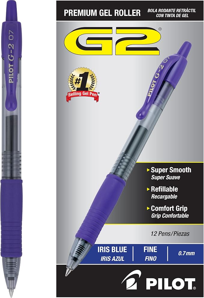 PILOT, G2 Premium Gel Roller Pens, Fine Point 0.7 mm, Iris Blue 12 Count (Pack of 12)