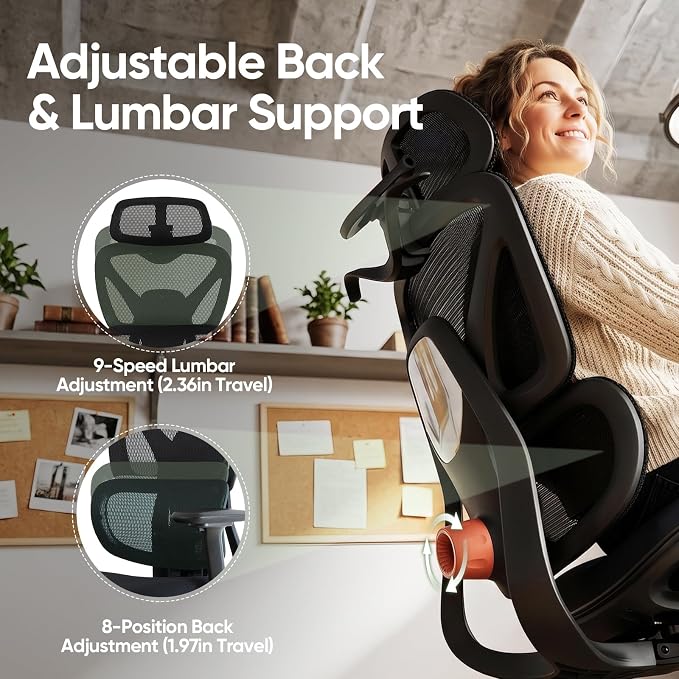 Ergonomic Mesh Office Chair, Desk Chairs with Adjustable Lumbar Support, 4D Flip-up Arms & 3D Headrest, Comfy High Back Breathable Mesh Computer Chair for Home Office, 400lbs (Black)
