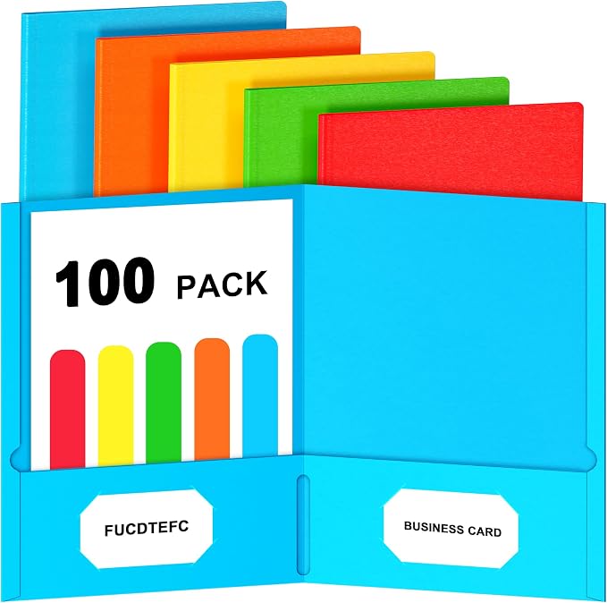 FUCDTEFC 100 Pack Pocket Folders, Folder with Pockets, 5 Assorted Colors Letter Size Heavy Duty 2 Pocket Folders, Paper File Folder for School Office Home Business | Heavy Duty, 2 Pocket Folders, Paper, File Folder, for School Office, Home, Business