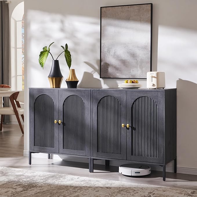 IFGET 61.75" W Modern Arch Sideboard Buffet Cabinet with Storage, Dark Grey | Fluted Arched Sideboard Cabinet w/Adjustable Shelves, Wood Modular Kitchen Cabinet for Dining& Living Room, Entryway