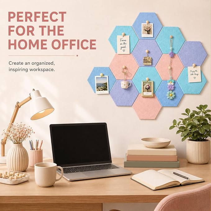 6.7 x 5.9 in 16 Pcs Hexagon Cork Board Tiles with 50 Wooden Push Pins, Cork Boards for Wall, Felt DIY Tiles with Nano Tape, Pin Board for Office Classroom Home Photo Memo Note (Pastel)