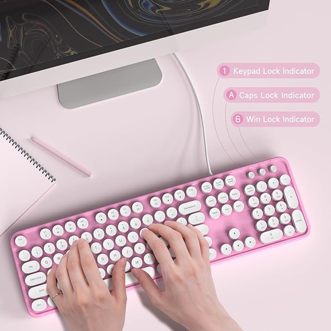 Computer Keyboard Wired, Plug and Play USB Retro Round Typewriter Keyboard, Full Size Wired Keyboard with Foldable Stands for Laptop and Office PC