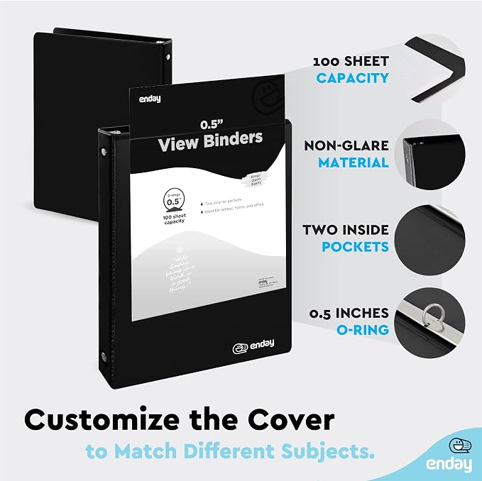 Enday 1/2 Inch Binder, Black 3 Ring Binder, 0.5 Inch Heavy Duty Three Ring Binder, 100 Sheets Capacity - for Home School and Office