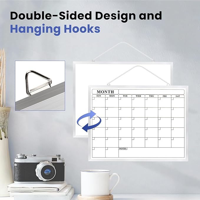 Monthly Calendar Dry Erase Board for Wall, 16"x12" Double-Sided Magnetic Calendar White Board with Hooks, Silver Aluminum Alloy Frame Hanging Whiteboard for Office, Home, School