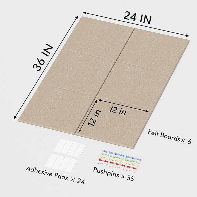 Large Cork Board for Wall, 36" x 24" Bulletin Board with Pushpins, 6 Panels Felt Tiles Tack Push Pin Board for Office, Tan