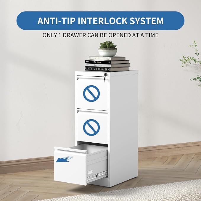 3 Drawer File Cabinet with Lock,Metal File Cabinet for Home Office | White Vertical Filing Cabinets Heavy Duty Office Storage Cabinets for Letter/Legal/A4/F4 Size File, Assembly Required