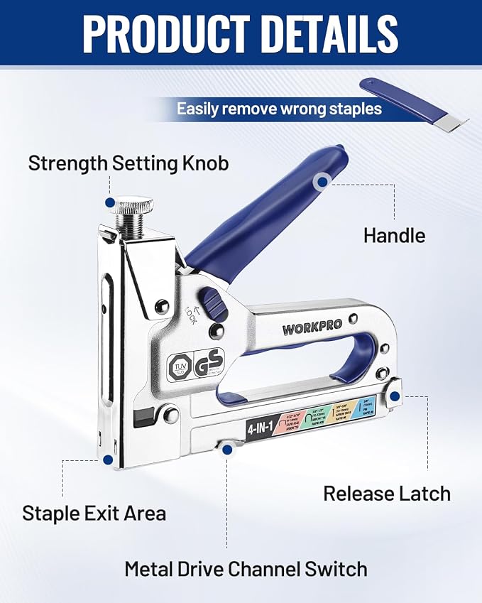 WORKPRO 4-in-1 Staple Gun, Manual Brad Nailer with 2000 Count of Staples | Upholstery Stapler Nail Gun for Fixing Materials, Decoration, Carpentry, Furniture, Doors and Windows