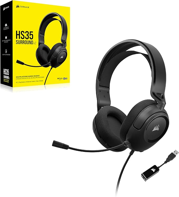 Corsair HS35 Surround v2 Multiplatform Wired Gaming Headset – Dolby 7.1 – Flexible Omni-Directional Microphone – Universal 3.5mm Connection – PC, Mac, PS5, PS4, Xbox, Nintendo Switch, Mobile – Carbon