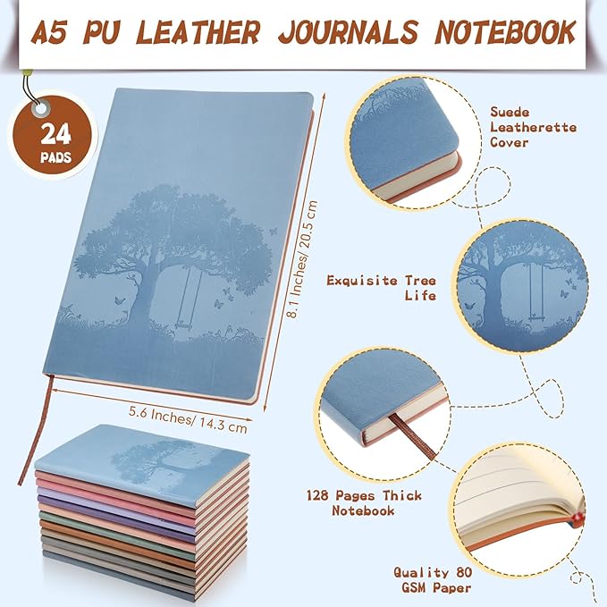 TaoBary 24 Pcs Employee Appreciation Gift A5 PU Leather Journals Bulk Colorful Tree Lined Journal Notebook Soft PU Leather Cover Ruled Writing Notebook for Office School Teacher Nurse (Classic Colors)