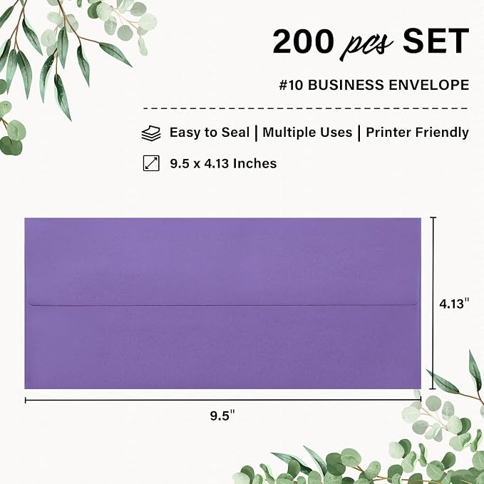 200 Pack #10 Purple Envelopes Letter Size Self Seal Business Envelopes | Security Mailing Envelopes, 4 1/8 x 9 1/2 Inches