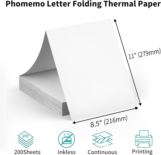 200 Sheets Phomemo Thermal Paper 8.5'' x 11'', US Letter Size Fold Thermal Paper Compatible with M832D M832 M834 M835 M833 M836 M08F-Letter Portable Printer