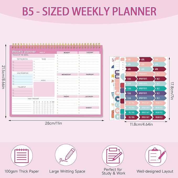 Thboxes Weekly Desk Planner, 52 Sheets, 8.5x11 In To Do List Notepad, Pink | Productivity Organizer, Work from Home Essentials, Undated Tear Off Pages, Office, College, School, Student and Teacher Gifts