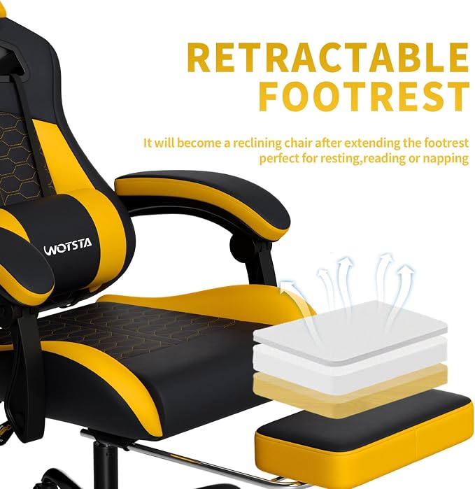 Gaming Chair with Massage,Ergonomic PC Gaming Chair with Footrest Comfortable Headrest and Lumbar Support,High Back Game Chair PVC Leather,300LBS (Sunflower Yellow)