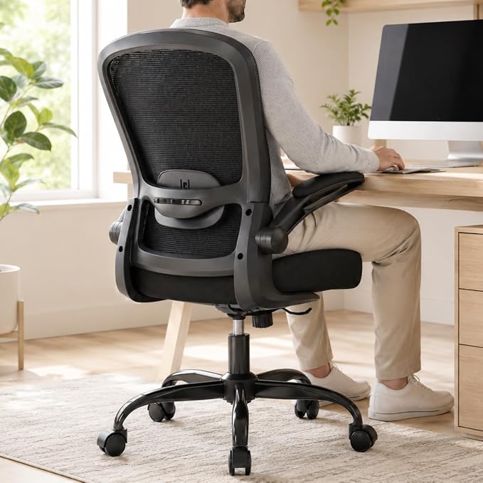 Ergonomic Office Chair w/Adjustable Lumbar, Flip Armrest, 135° Recline | Supports 300 lbs · Seat 19.48"–23.4" · Breathable mesh · 20–30 min assembly · 5-year warranty