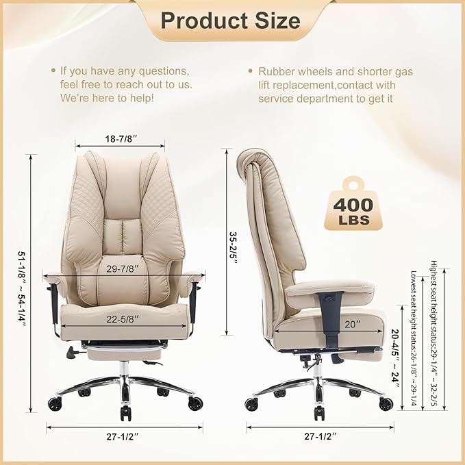 Big and Tall Office Chair 400lbs Wide Seat, Leather High Back Executive Office Chair with Foot Rest, Ergonomic Chairs Lumbar Support for Lower Back Pain Relief (Beige)