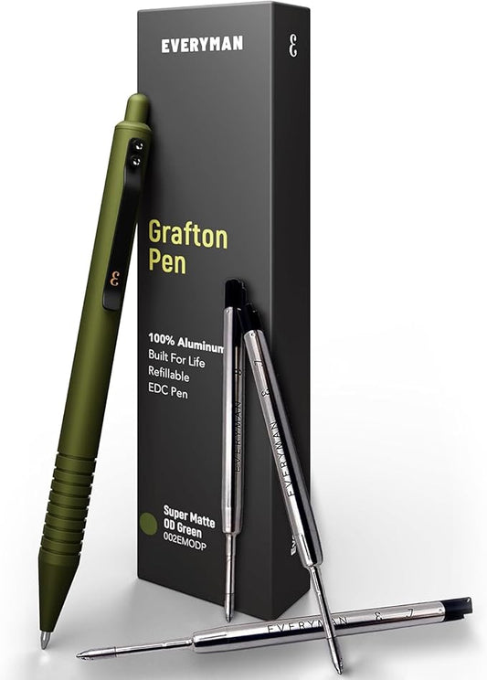 Everyman OD Green Super Matte Grafton Pen & Refill Set | Refillable Metal 0.7mm Gel Pen with 3 Smooth Black Ink Refills | Premium EDC Writing Tool for Office, Work, Travel & Gifting