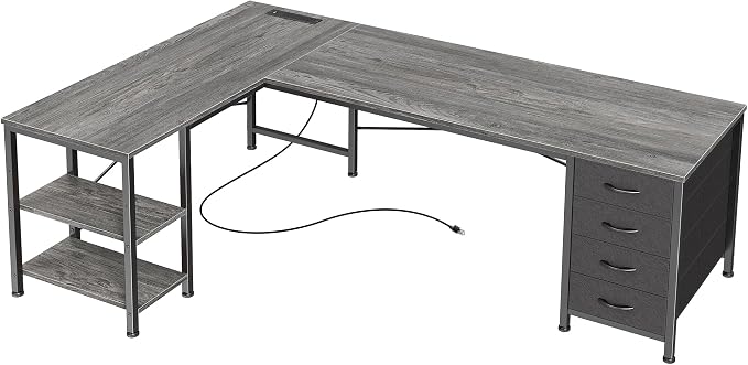 Huuger 55 Inch L Shaped Desk with Fabric Drawers, Reversible Computer Gaming Desk with Power Outlets and USB-C Port, Adjustable Side Storage Shelves, for Work Study Corner Home Office, Grey,1CD078H