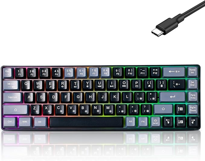Wired Portable 60% Mechanical Feeling Gaming Keyboard,RGB LED Backlit Compact 68 Keys Mini Wired Office Keyboard for Windows Laptop PC Mac Gamer, Typist, Travel on Business Trip Black–Grey