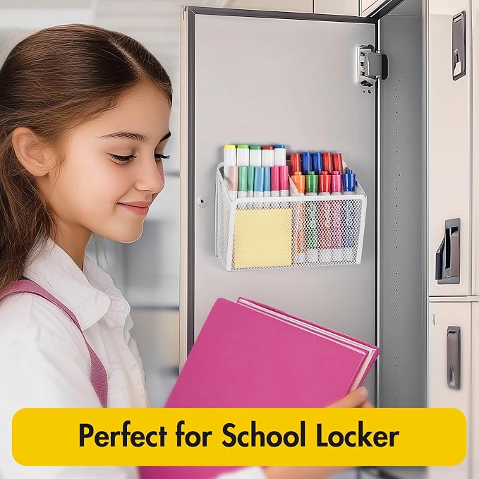 BEYGORM Magnetic Dry Erase Marker Holder for Whiteboard, Locker Organizer | Mesh Non-slip Pen & Pencil Holder for Refrigerator, Basket for Classroom, School &Office (White, 1-Pack)