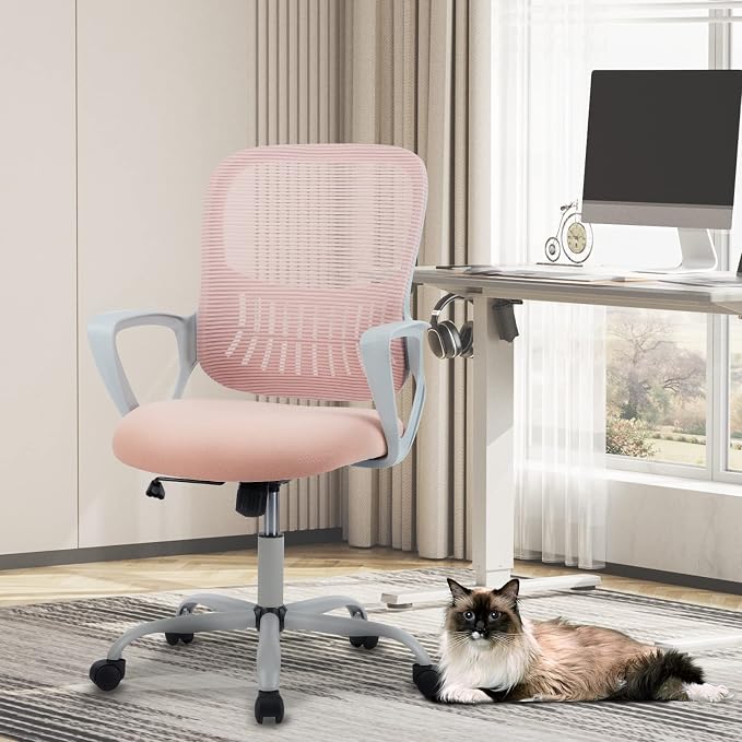 Sweetcrispy Home Office Chair, Mesh Office Chair, Lumbar Support | Adjustable Height, 360° Swivel Wheels, Mid-Back, Comfy Arms for Small Space, Bedroom, Study, Managerial Executive
