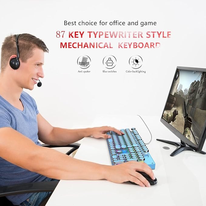 Mechanical Gaming Keyboard,87 Key Retro Punk Typewriter-Style,Blue Switch Rainbow Backlit Keyboard,Anti-Ghosting, USB Wired, for PC Laptop Desktop Computer, for Game and Office(Blue)