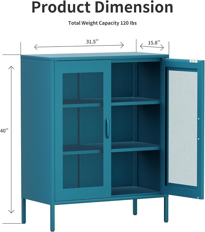 Washsemba Metal Storage Cabinet with Mesh Doors,Steel Display Cabinet with Adjustable Shelves,Metal Office Storage Locker for Home Office,Garage(Blue, 40''H)