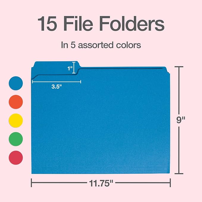 Oxford Colored File Folders, 15 Pack, 3 Tabs, 5 Assorted Colors, Letter Size (8.5" x 11"), Color-Coding for School, Office & Home Document Organization