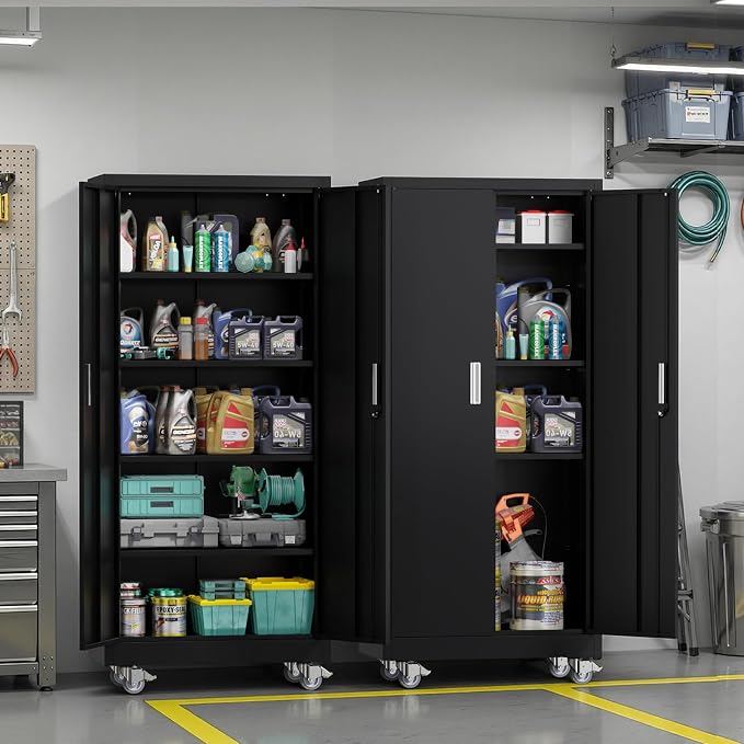 VINGLI Rolling Metal Storage Cabinet with Adjustable Shelves, 71'' Tall Garage Storage Cabinet with Wheels, Locking Tool Cabinets for Home Office Garage Gym School (Black)