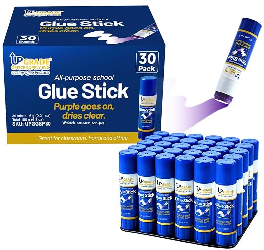 Upgrade Office Supply Glue Sticks, 6g, 30 Count, Purple Goes On Dries Clear | Acid-Free, Washable Non Toxic, for Classroom, Office, Art, Craft and Poster Projects
