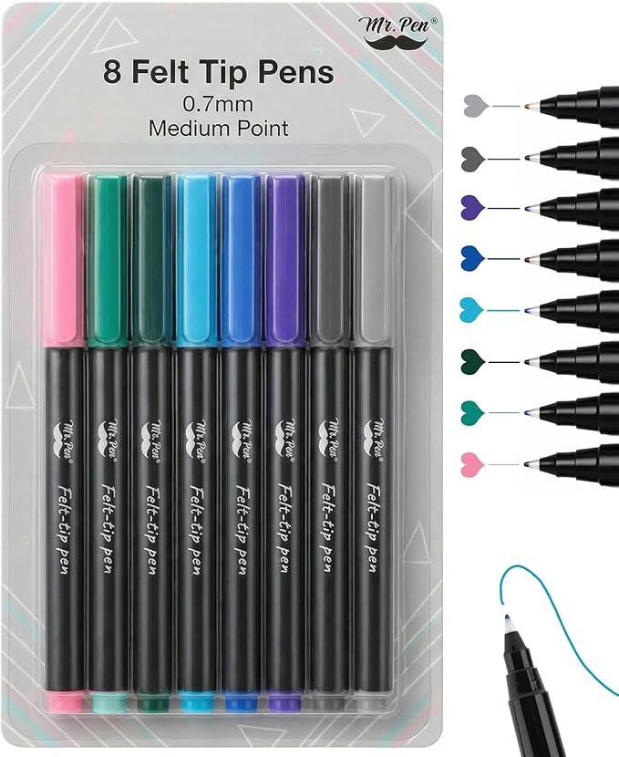 Mr. Pen- Felt Tip Pens, 8 Pack, 0.7mm Colorful Felt Pens, No Smear, Quick Dry