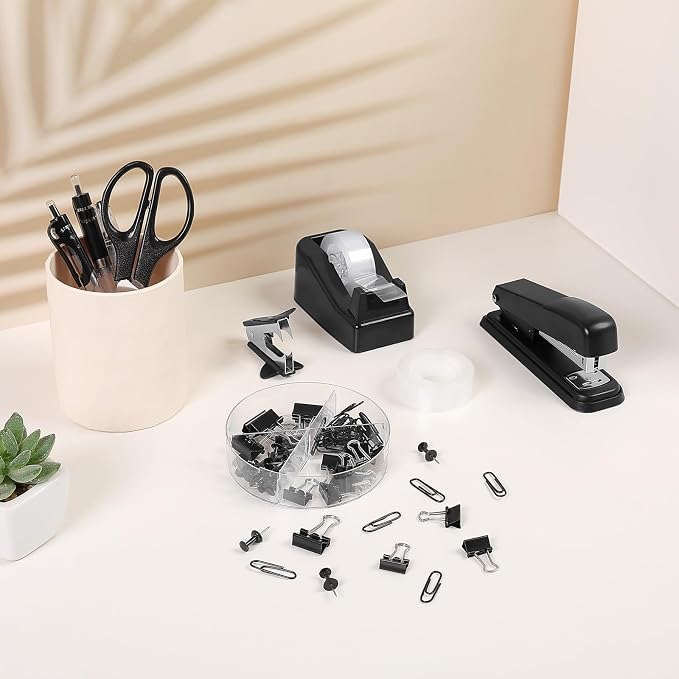 SKYDUE Black Office Supplies Set, Stapler and Tape Dispenser Set,10PCS | Black Desk Accessories with Stapler, Tape Dispenser, Scissors, Binder/Paper Clips and 1000pcs Staples, Desk Supplies Set