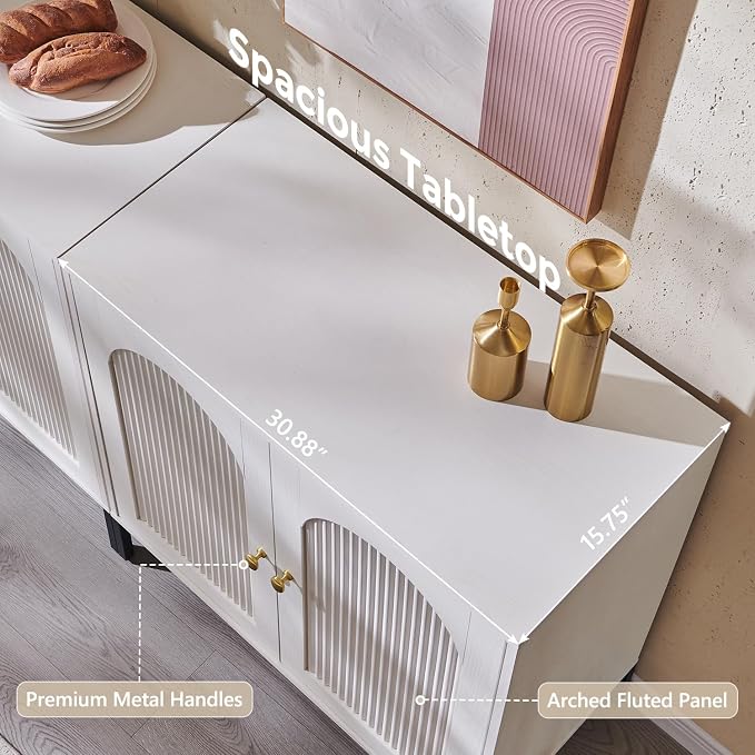 IFGET 92.63" W Modern Arched Sideboard Buffet Cabinet with Storage, White | Fluted Arch Sideboard Cabinet w/Adjustable Shelves, Wooden Modular Kitchen Cabinet for Dining& Living Room, Entryway